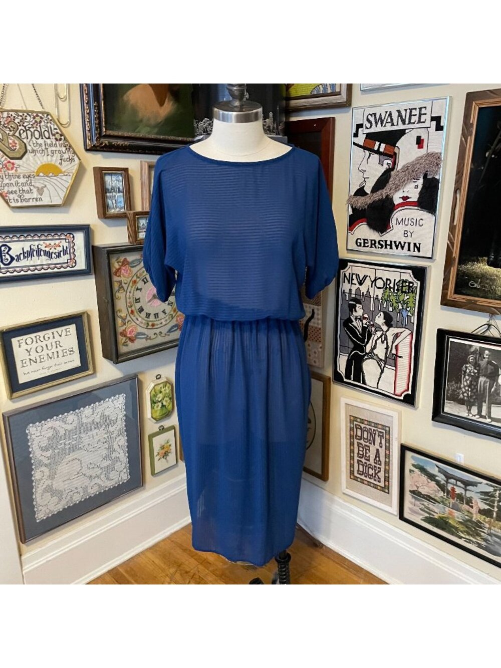 80s Vintage Alex & Johnny Dark Blue Lightweight Sheer Striped Midi Dress Size XL